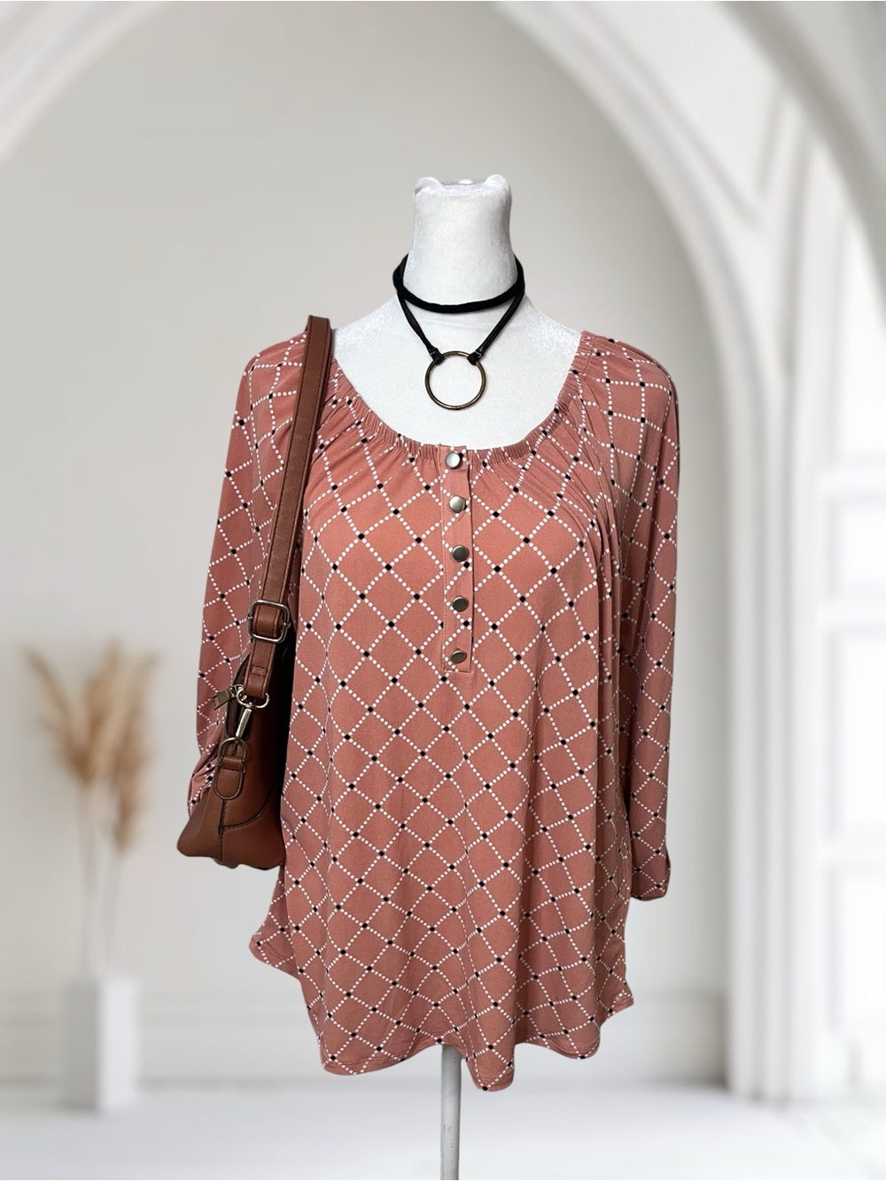 Notations Geometric Print Button Neck Blouse Size M